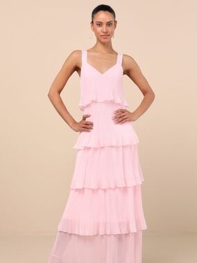 Lulus Elegant Nature Blush Pink Pleated Sleeveless Tiered Maxi Dress - Size M